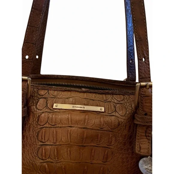Brahmin Brown Embossed Crocodile Tote Bag with Logo Charm - Picture 2 of 6